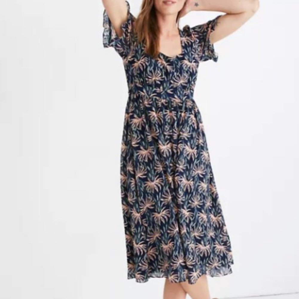 Madewell Ruffle-Sleeve Midi Dress in Oasis Palms